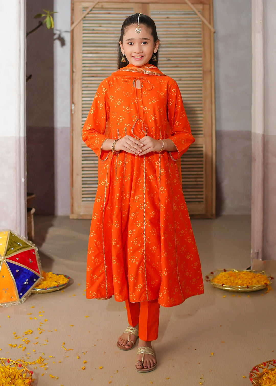 Modest - Printed Cotton Suit For Girl - Orange - 3 Piece
