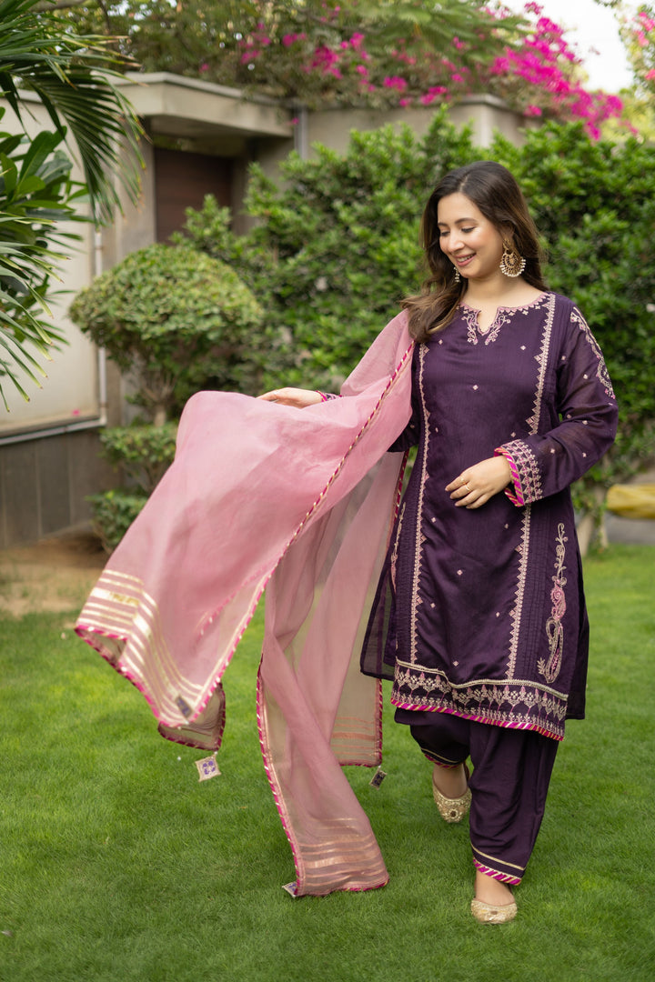 Omal by Komal - ZIMAL - Purple - Loom Net & Javeria Net - 3 Piece
