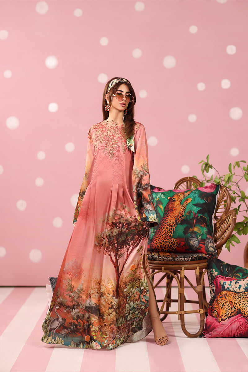 Musferah Saad - Rosewood Safari Printed Silk Kaftaan For Women - 2 piece