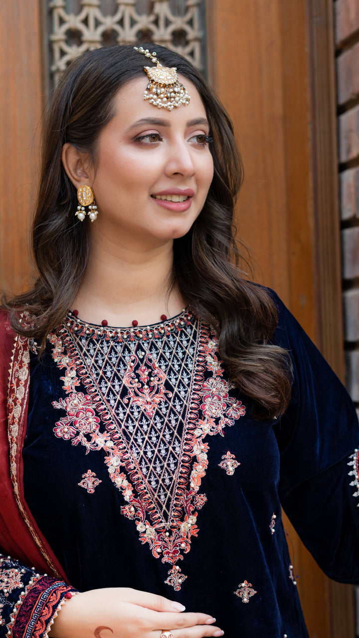 Omal by Komal - Armina - Navy Blue - Velvet & Maysuri - 3 Piece
