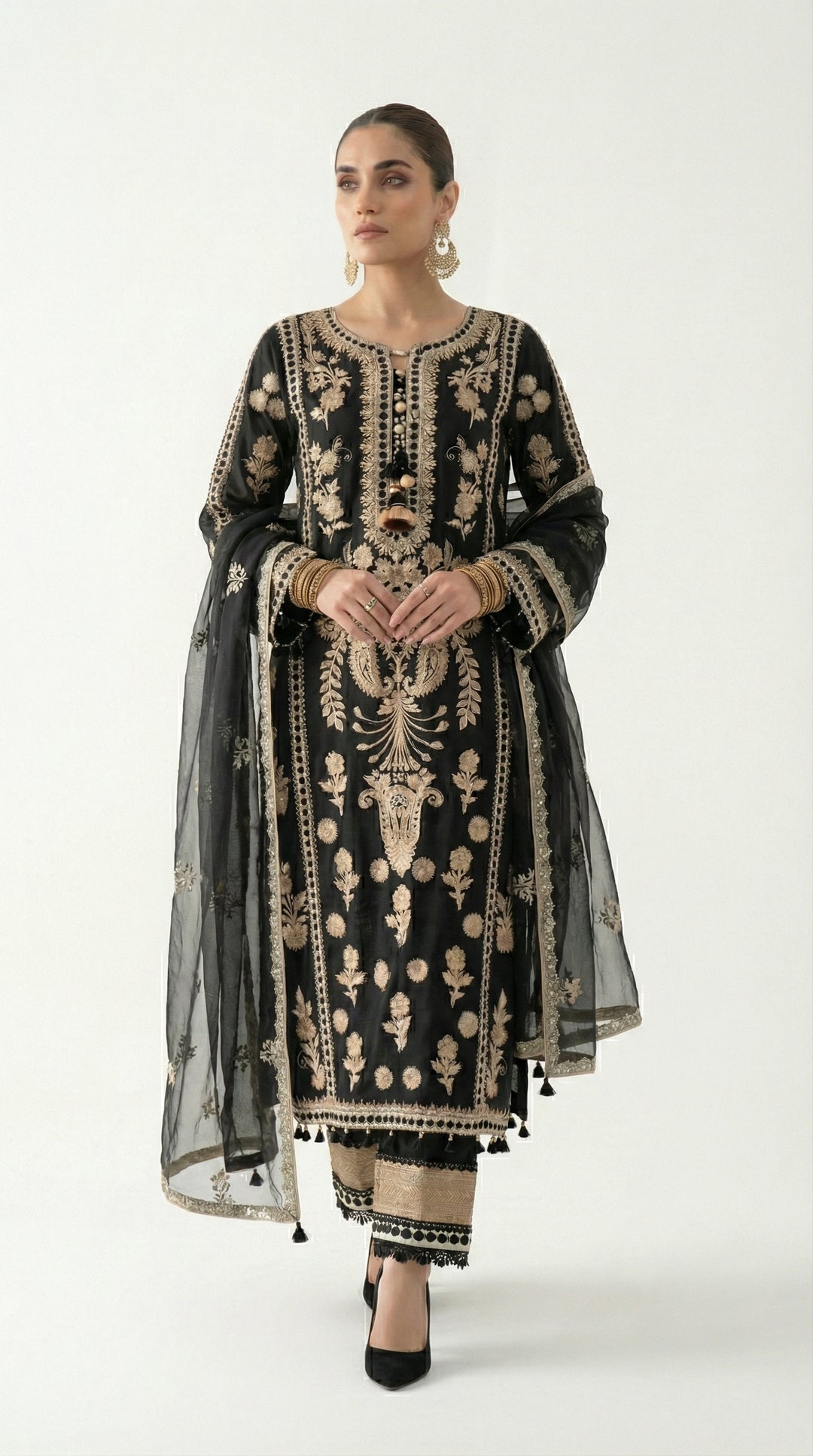 Reema Ahsan - Nivah Khadi Silk Suit For Women - Black and Skin - 3 Piece - Studio by TCS