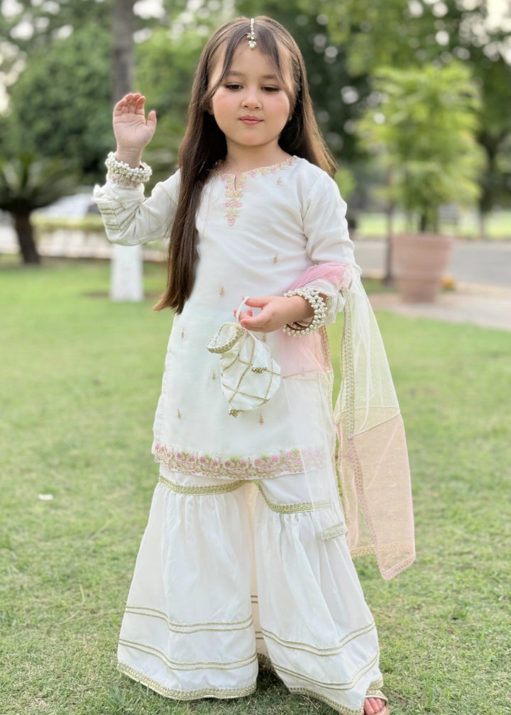 Modest - Chiffon Embroidered Gharara For Girl - White - 3 Piece