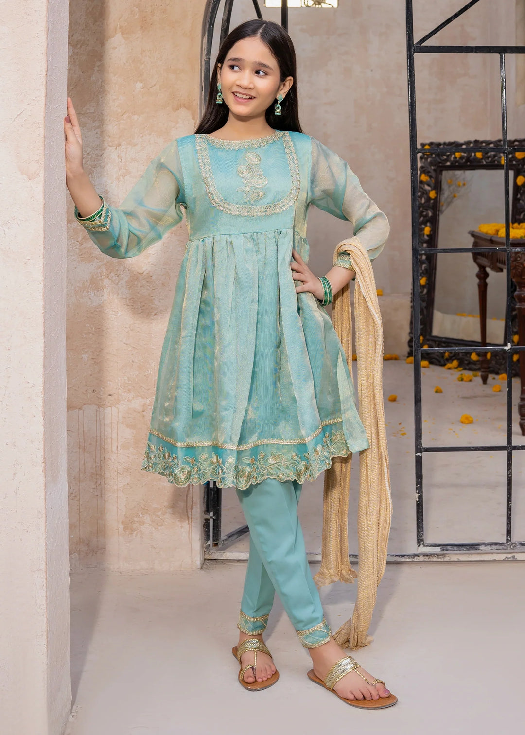 Modest - Maysuri Embroidered Frock For Girl -  3 Piece