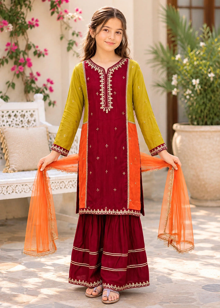 Modest - Rawsilk Embroidered Gharara For Girl - Multi - 3 Piece