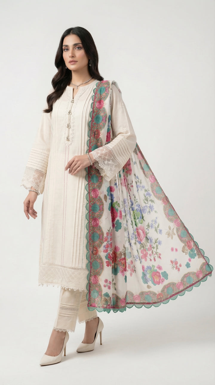 Reema Ahsan - Zima Cora Cotton Suit For Women - Ivory - 3 Piece - Studio by TCS