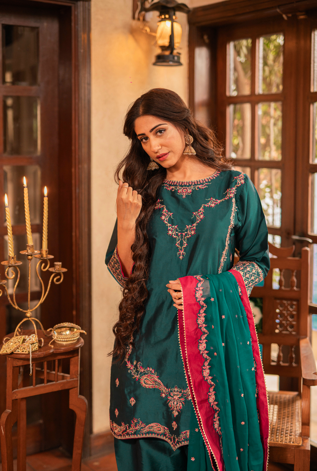Omal by Komal - Mehrnaz - Teal - Lychee Silk & Chiffon - 3 Piece