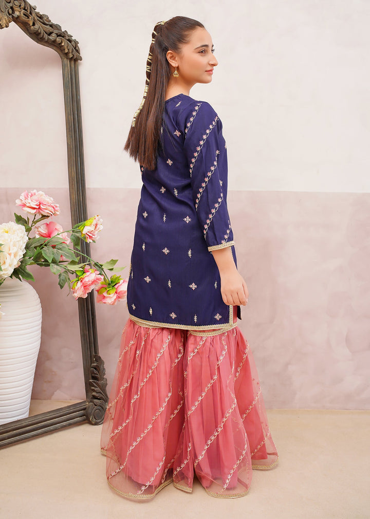 Modest - Rawsilk Embroidered Gharara For Girl - Blue - 3 Piece