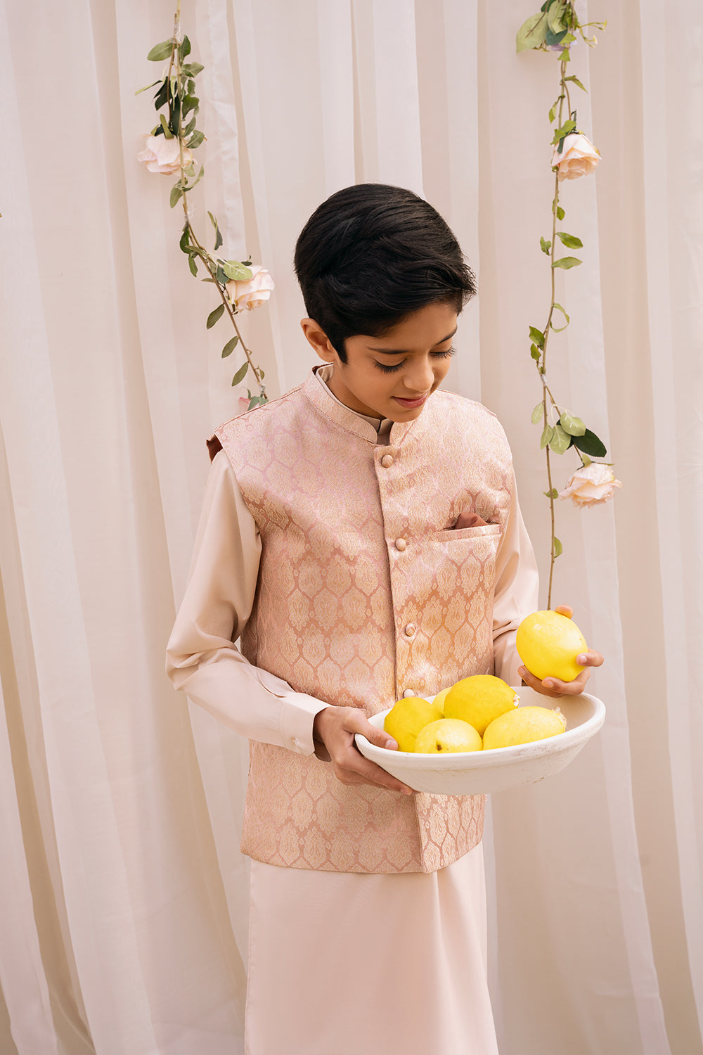 Hummingbirds - Rose Gold Jamawar Silk Waistcoat For Boy