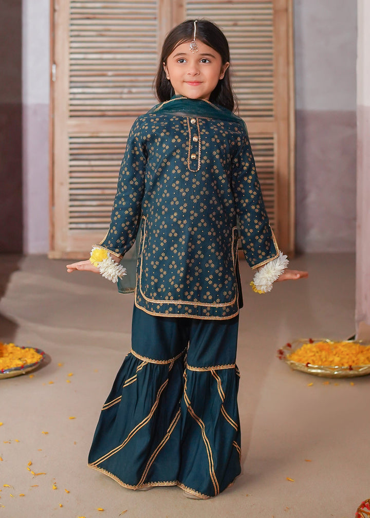 Modest - Rawsilk Printed Gharara Suit For Girl - Green - 3 Piece