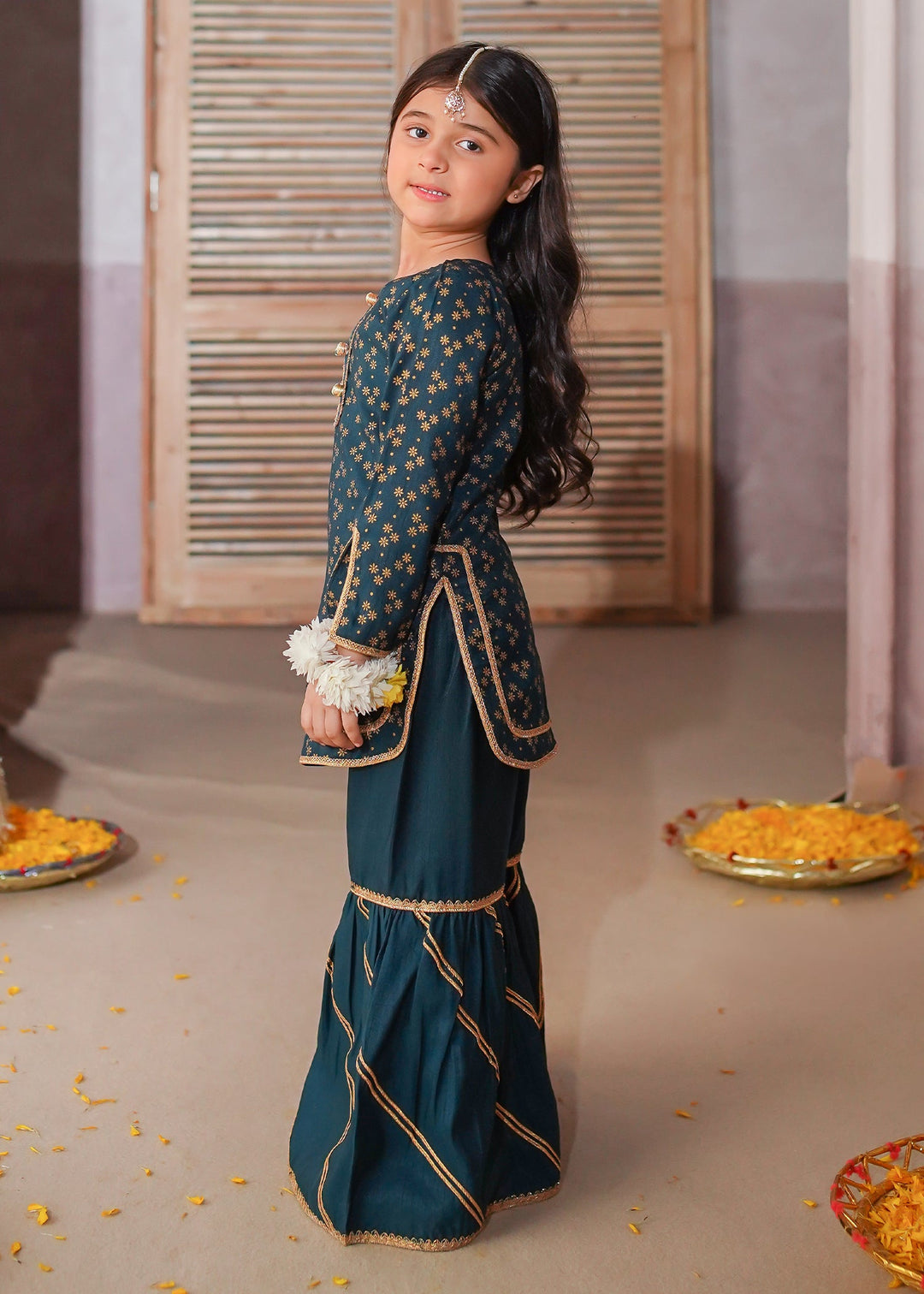 Modest - Rawsilk Printed Gharara Suit For Girl - Green - 3 Piece