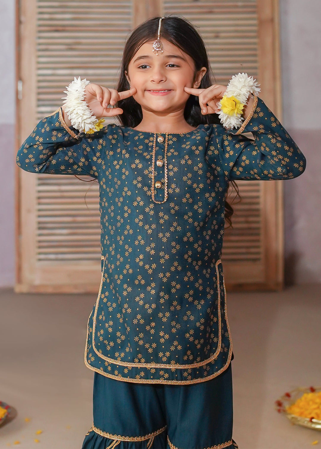 Modest - Rawsilk Printed Gharara Suit For Girl - Green - 3 Piece