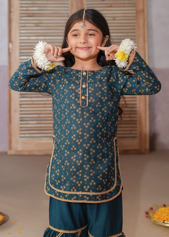 Modest - Rawsilk Printed Gharara Suit For Girl - Green - 3 Piece