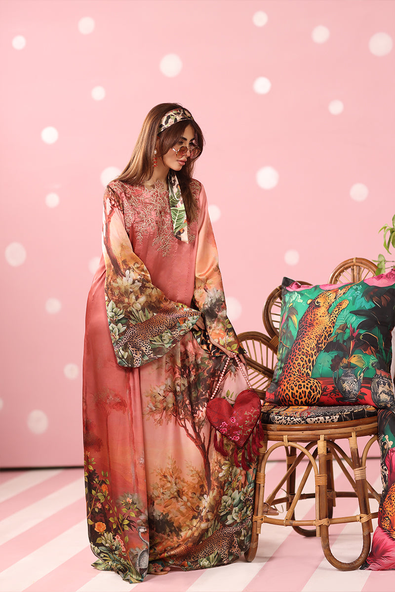 Musferah Saad - Rosewood Safari Printed Silk Kaftaan For Women - 2 piece