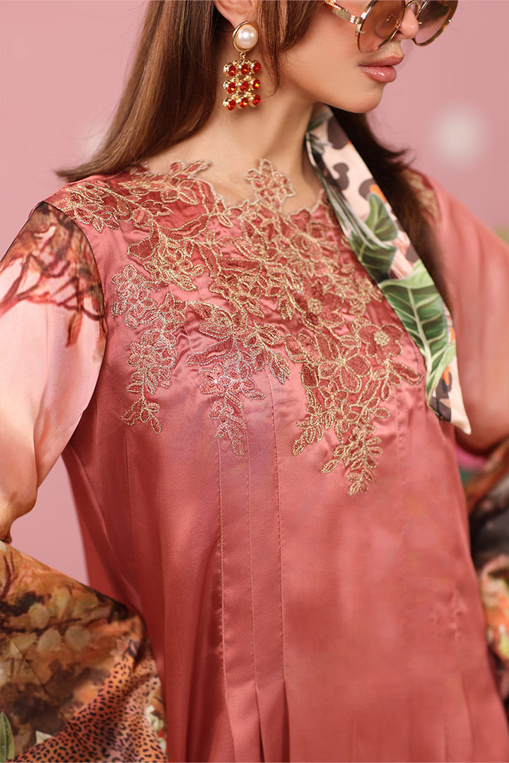 Musferah Saad - Rosewood Safari Printed Silk Kaftaan For Women - 2 piece