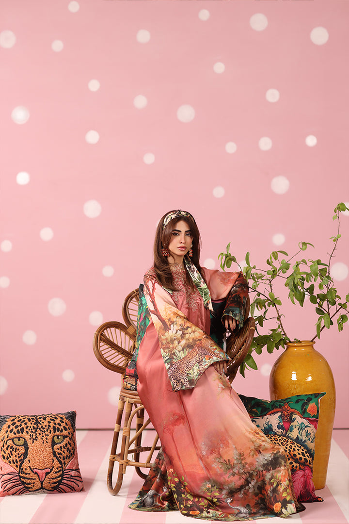 Musferah Saad - Rosewood Safari Printed Silk Kaftaan For Women - 2 piece