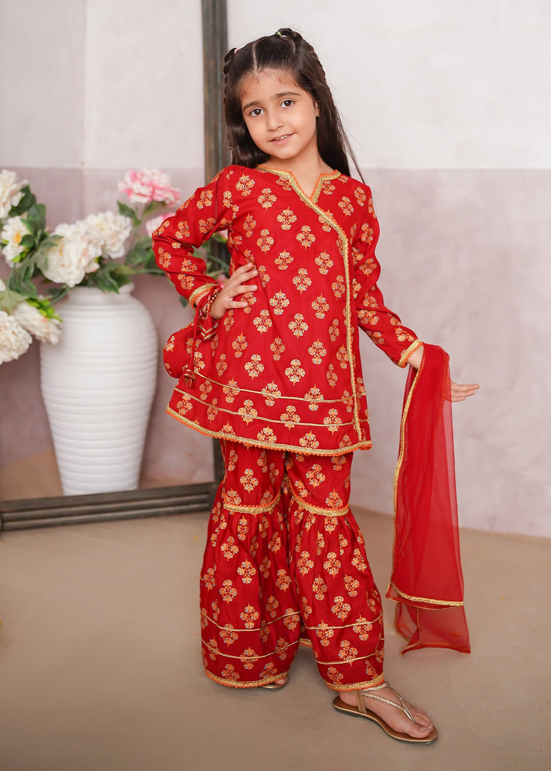 Modest - Rawsilk Printed Gharara Suit For Girl - Red - 3 Piece
