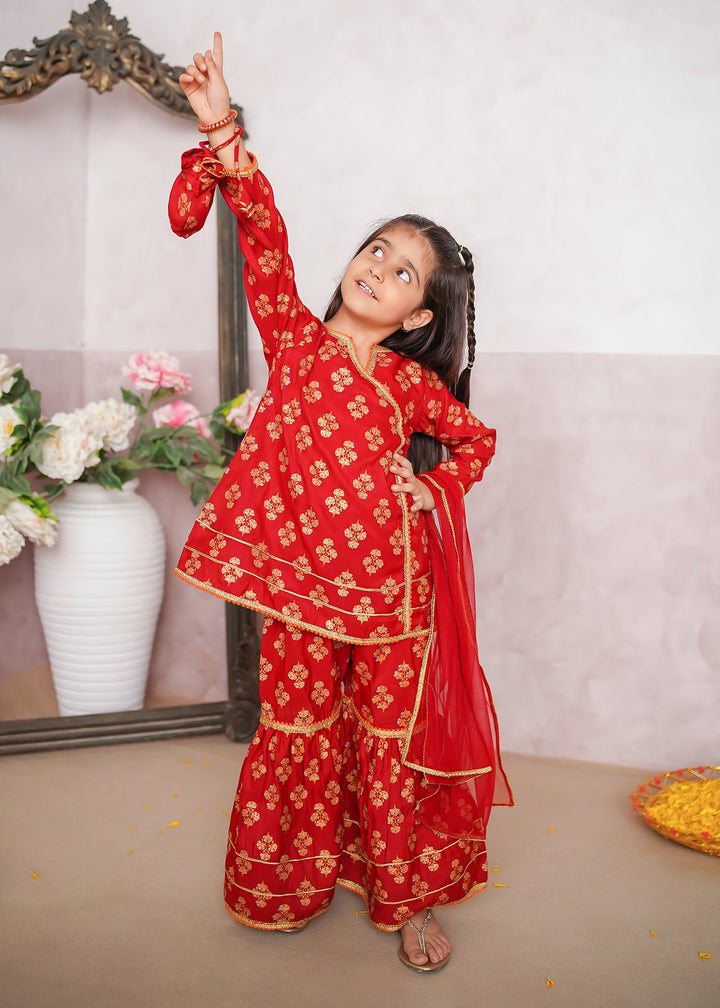 Modest - Rawsilk Printed Gharara Suit For Girl - Red - 3 Piece