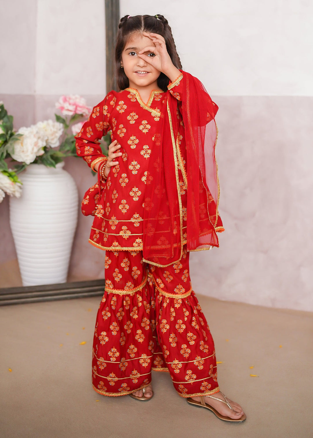 Modest - Rawsilk Printed Gharara Suit For Girl - Red - 3 Piece