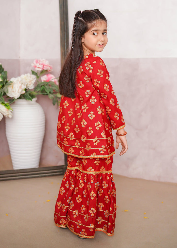 Modest - Rawsilk Printed Gharara Suit For Girl - Red - 3 Piece