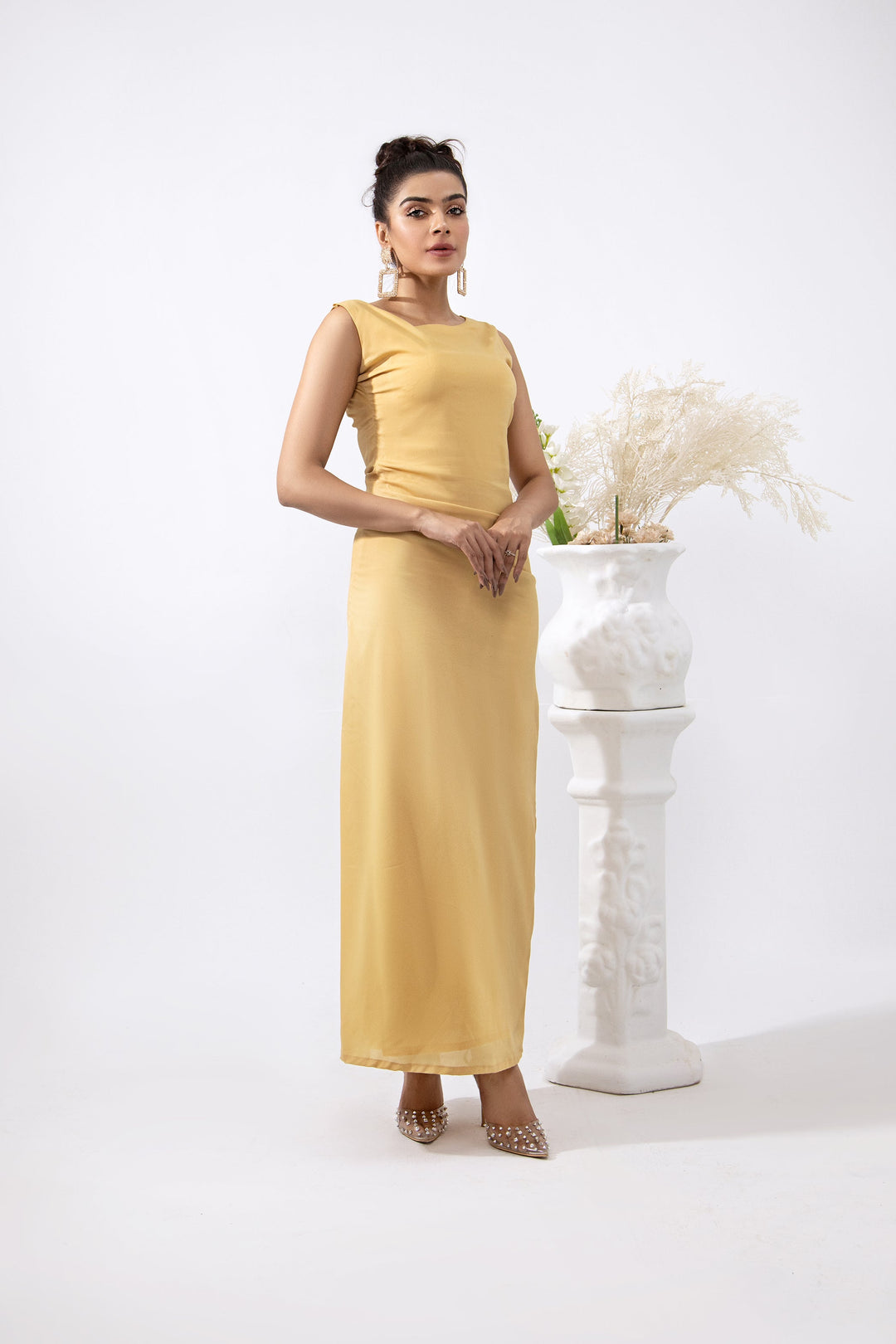 Syah - Triple Pleats Long Dress - Crepe - 1 PIece