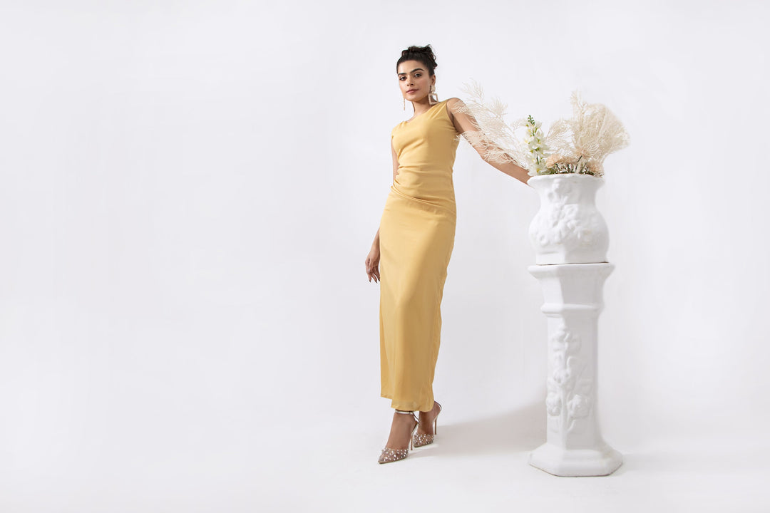 Syah - Triple Pleats Long Dress - Crepe - 1 PIece