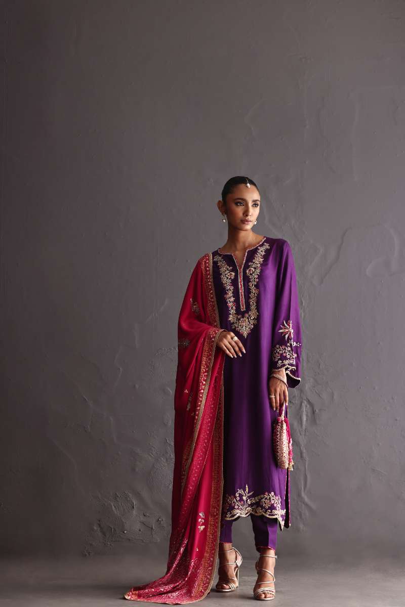 Deepak Perwani - Chiffon & Pure Raw Silk Formal Suit For Women - 3 Piece