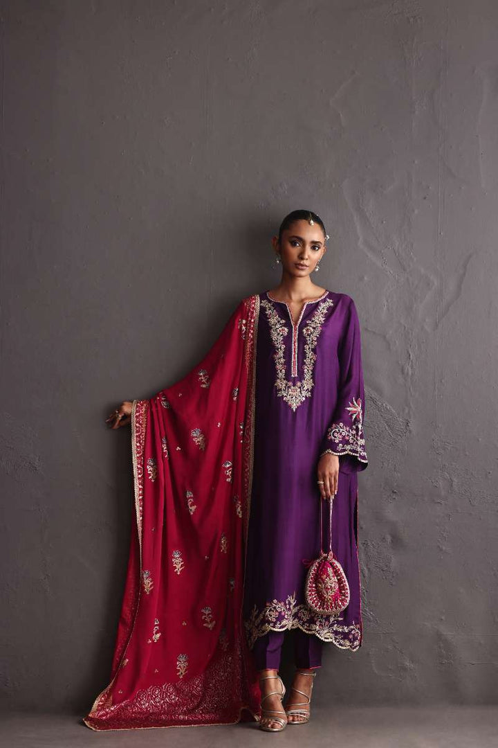 Deepak Perwani - Chiffon & Pure Raw Silk Formal Suit For Women - 3 Piece