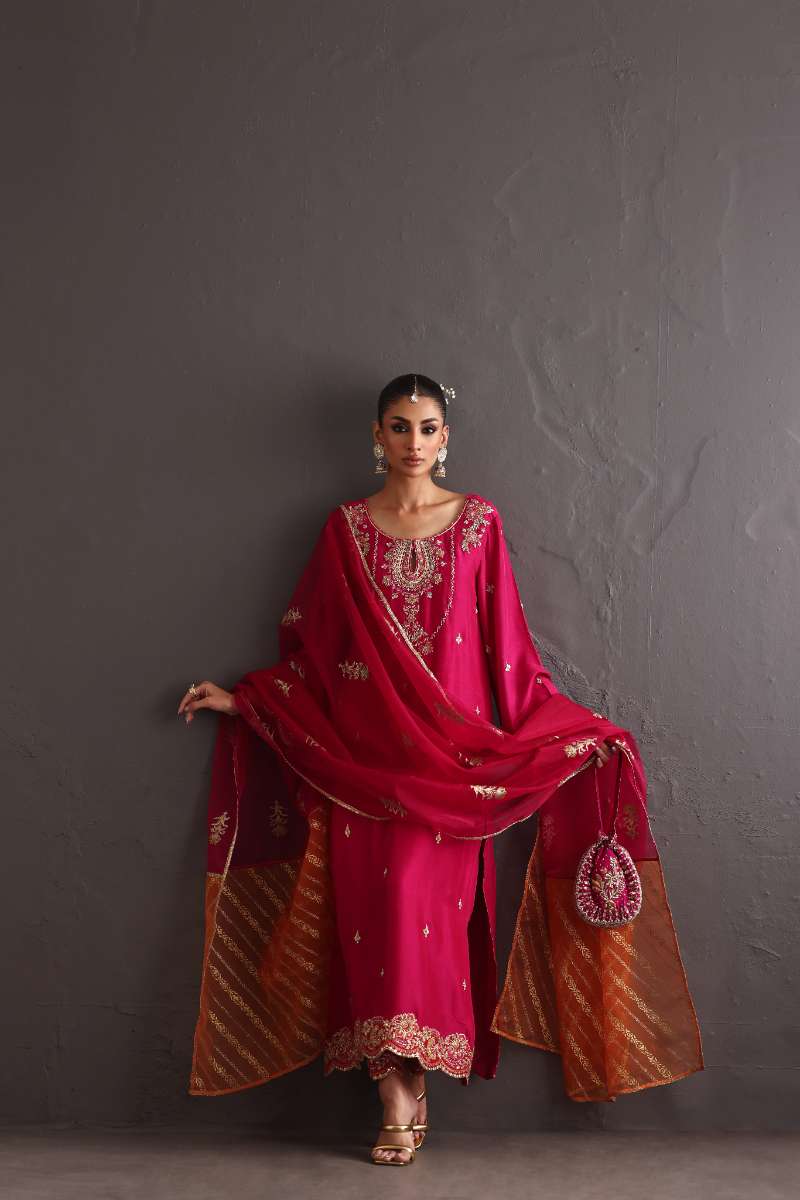 Deepak Perwani - Chiffon & Pure Raw Silk Formal Suit For Women - 3 Piece