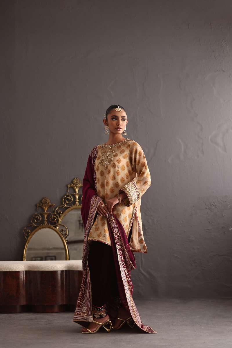 Deepak Perwani - Chiffon & Pure Raw Silk Formal Suit For Women - 3 Piece