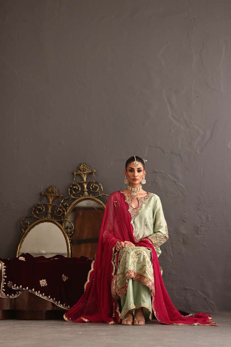 Deepak Perwani - Chiffon & Pure Raw Silk Formal Suit For Women - 3 Piece