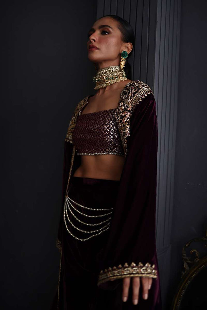 Deepak Perwani - Velvet Paneled Jacket Suit For Women - 3 Piece