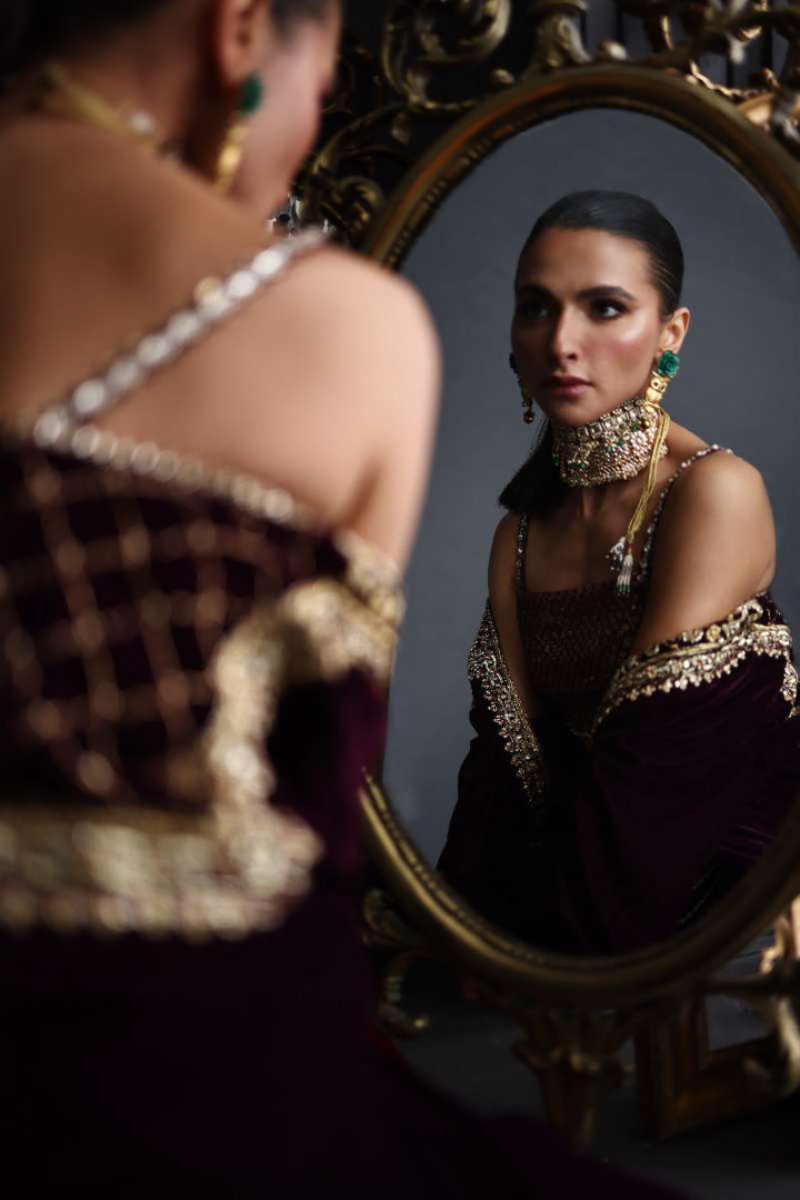 Deepak Perwani - Velvet Paneled Jacket Suit For Women - 3 Piece