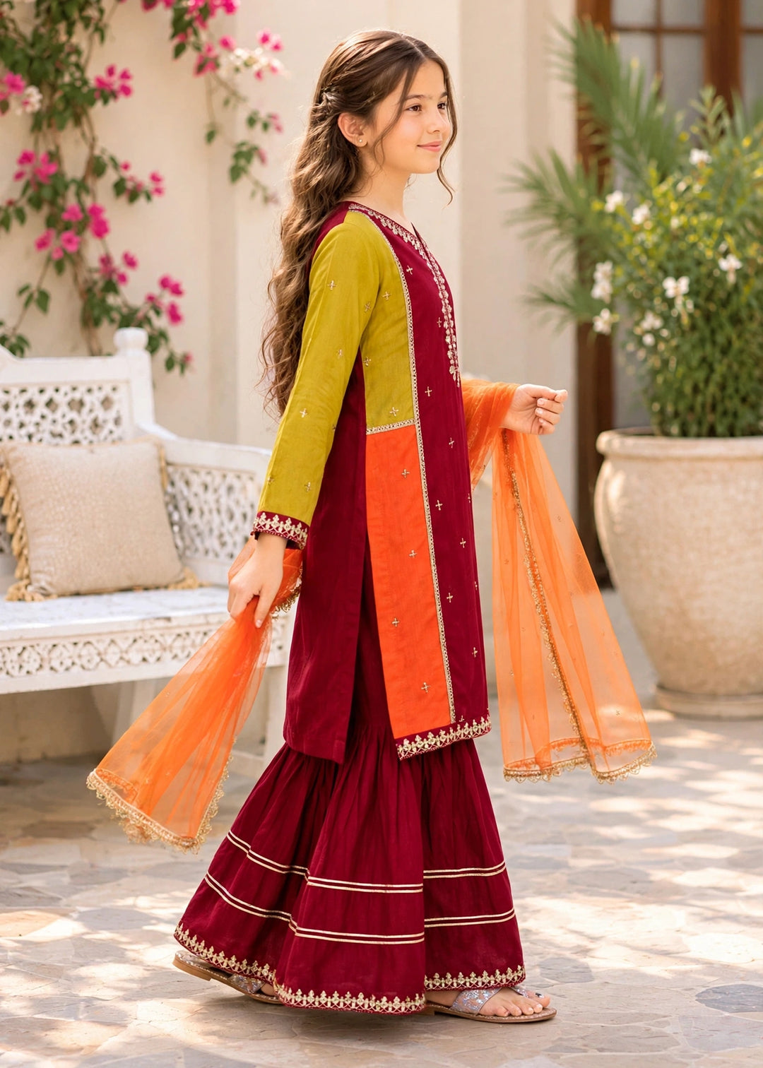 Modest - Rawsilk Embroidered Gharara For Girl - Multi - 3 Piece