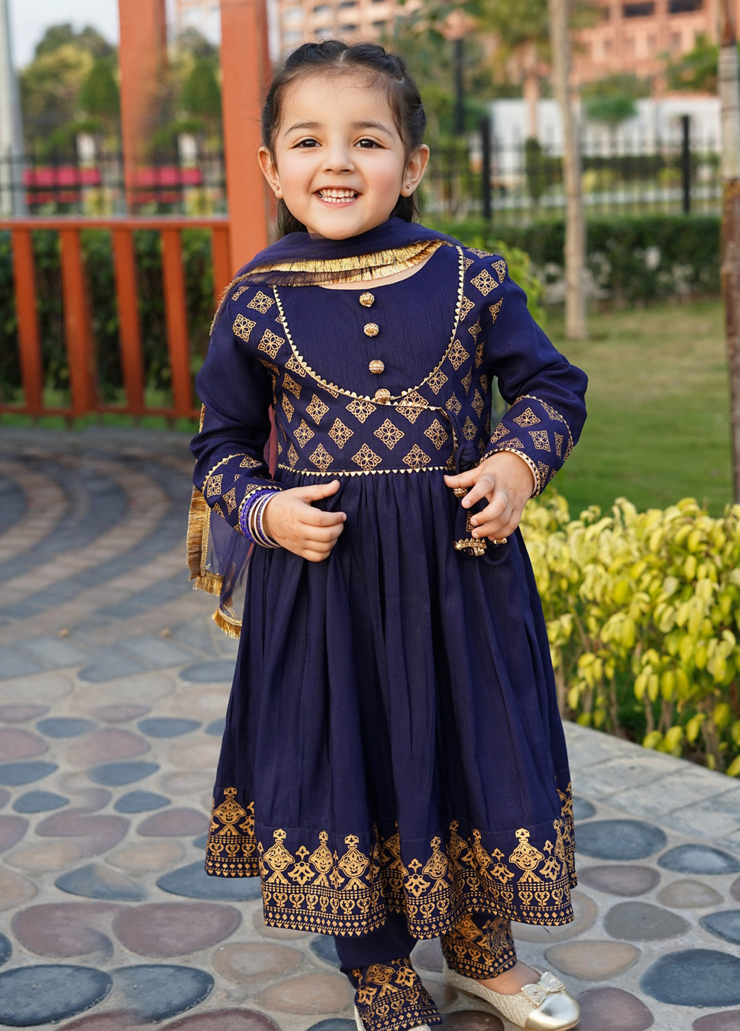 Modest 3 Piece Printed Rawsilk Frock Blue