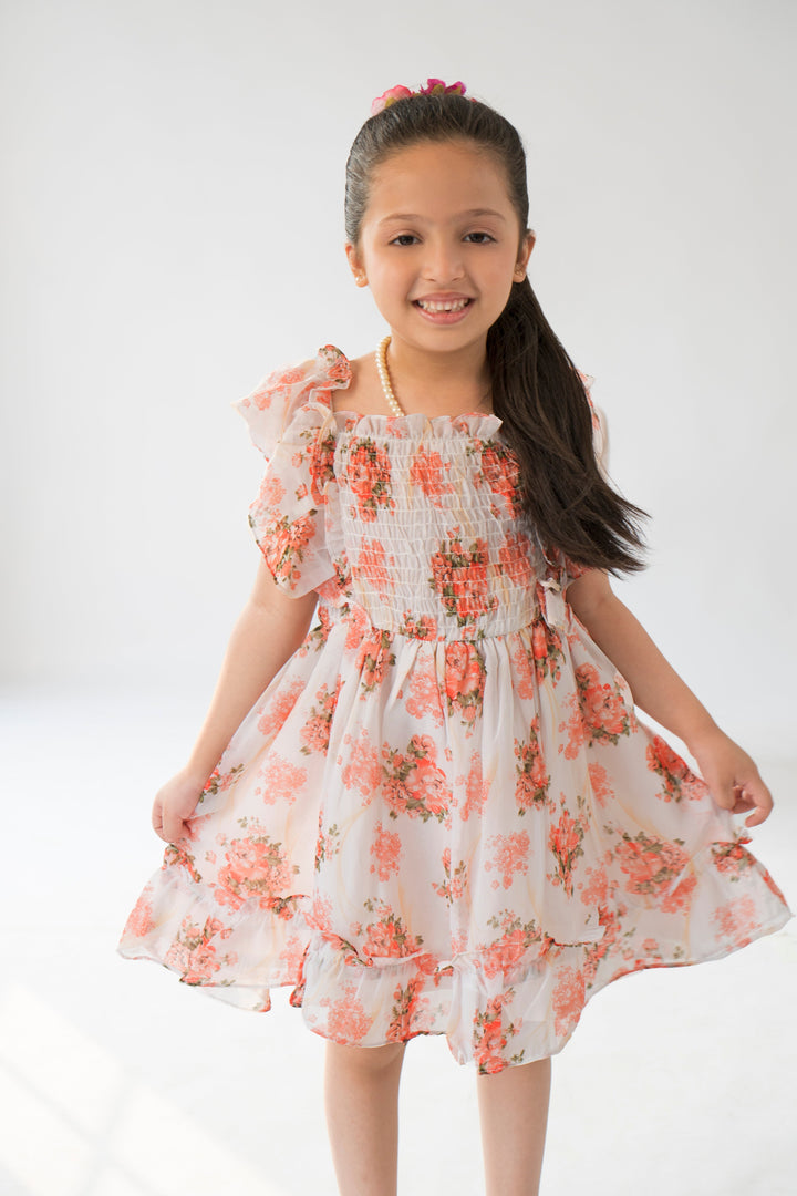 Hummingbirds - Peach Rosette Dress - Chiffon - 1 Piece