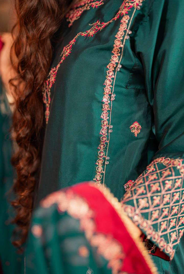 Omal by Komal - Mehrnaz - Teal - Lychee Silk & Chiffon - 3 Piece