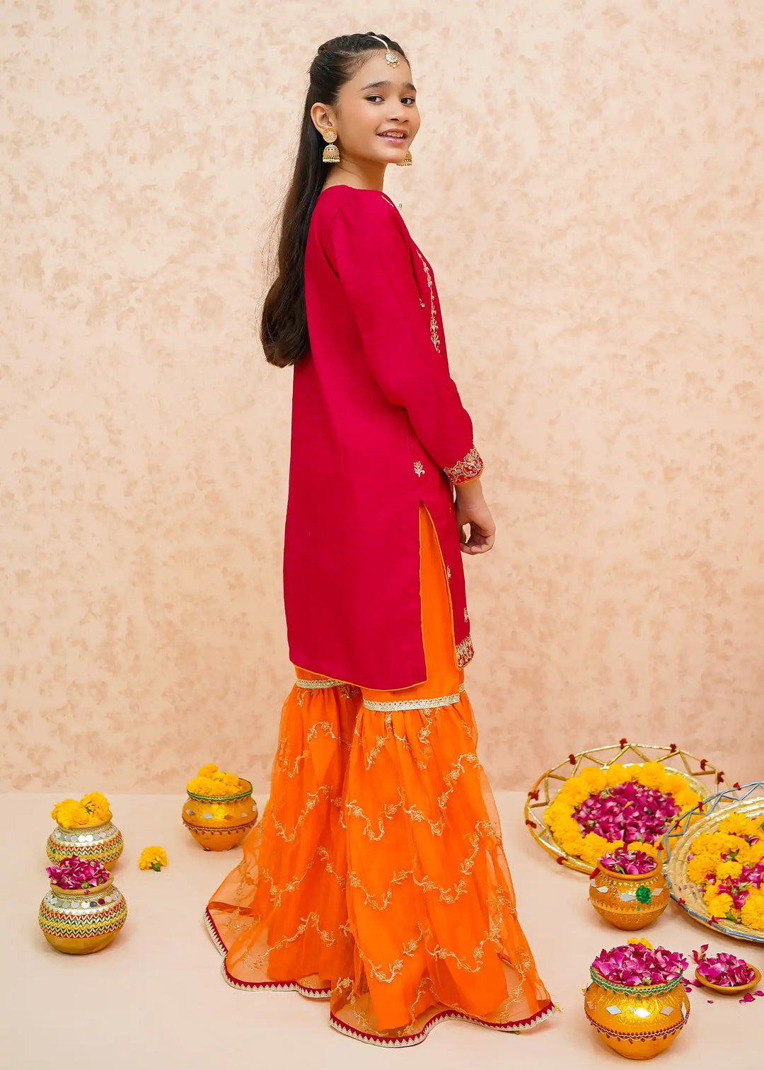 Modest - Rawsilk Gharara For Girl - Pink - 3 Piece