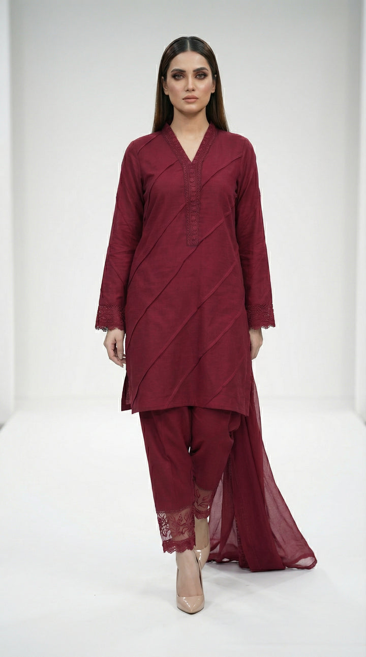 Reema Ahsan - Ailsa Cora Cotton Suit For Women - Maroon - 3 Piece - Studio by TCS