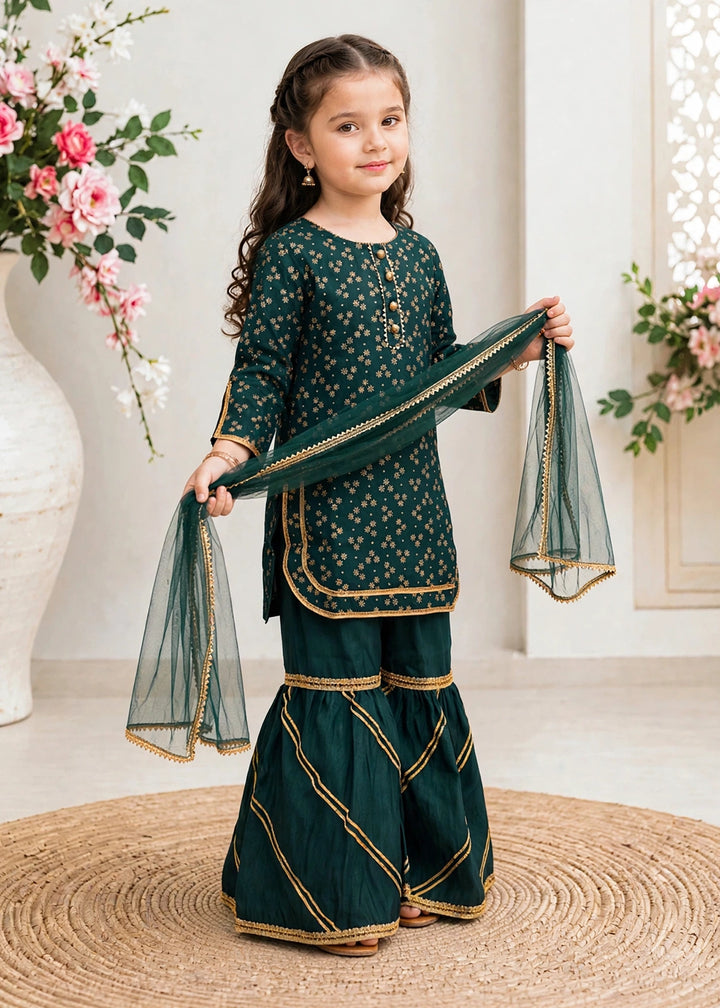 Modest Printed Rawsilk Gharara Green 3 Piece