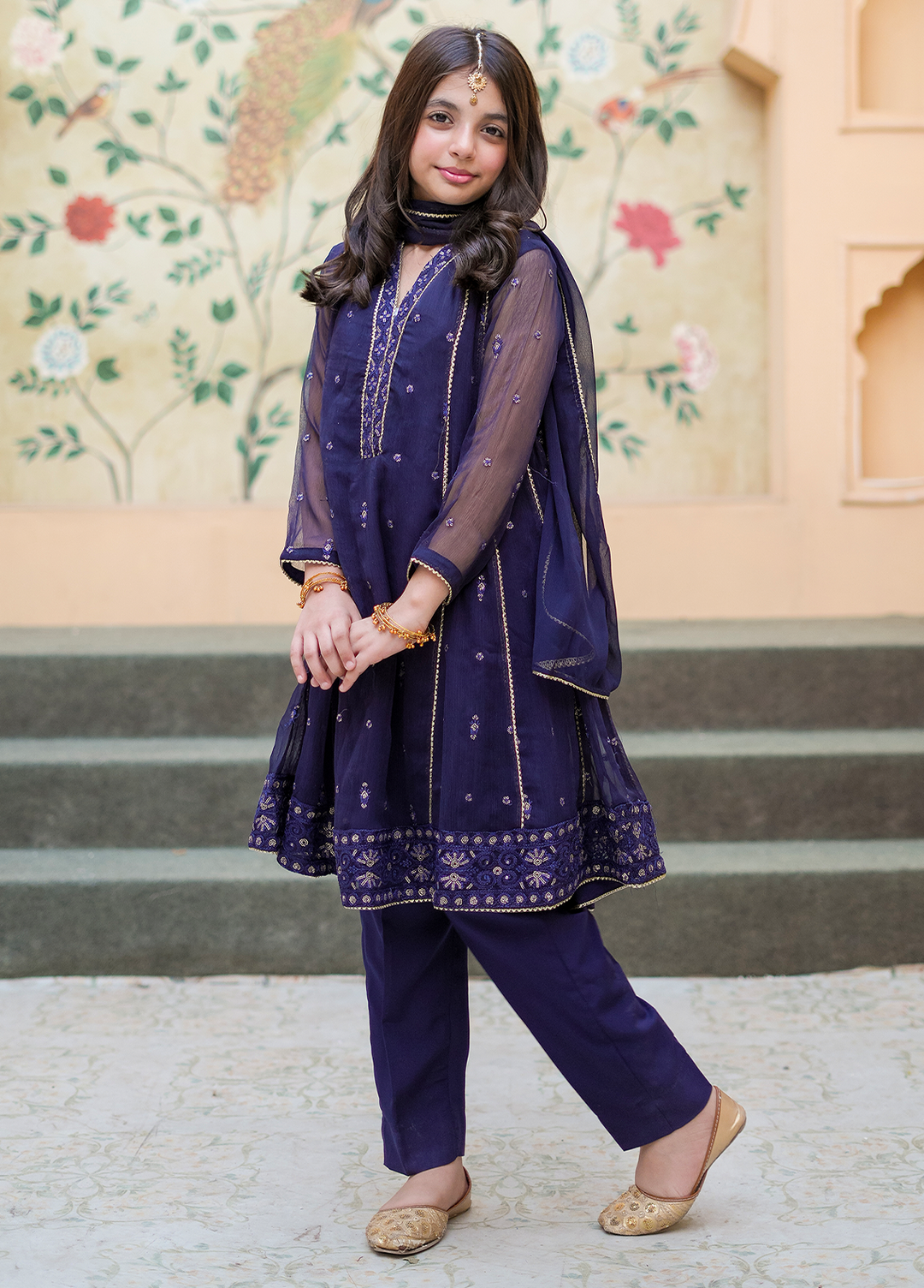 Modest Embroidered Crinkle Suit Blue 3 Piece