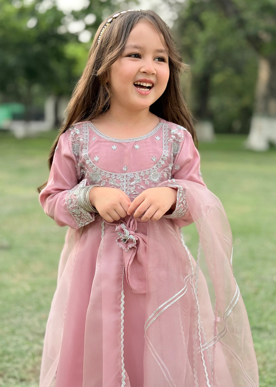 Modest - Tissue Embroidered Frock For Girl - Pink - 3 Piece