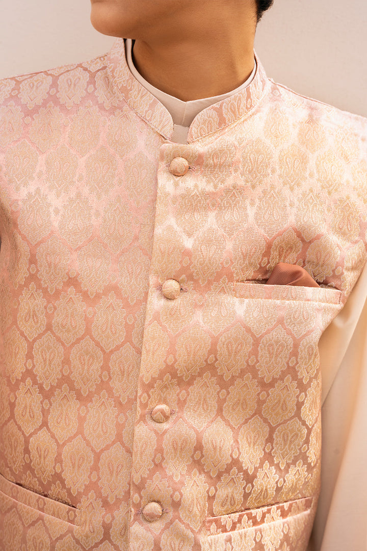 Hummingbirds - Rose Gold Jamawar Silk Waistcoat For Boy