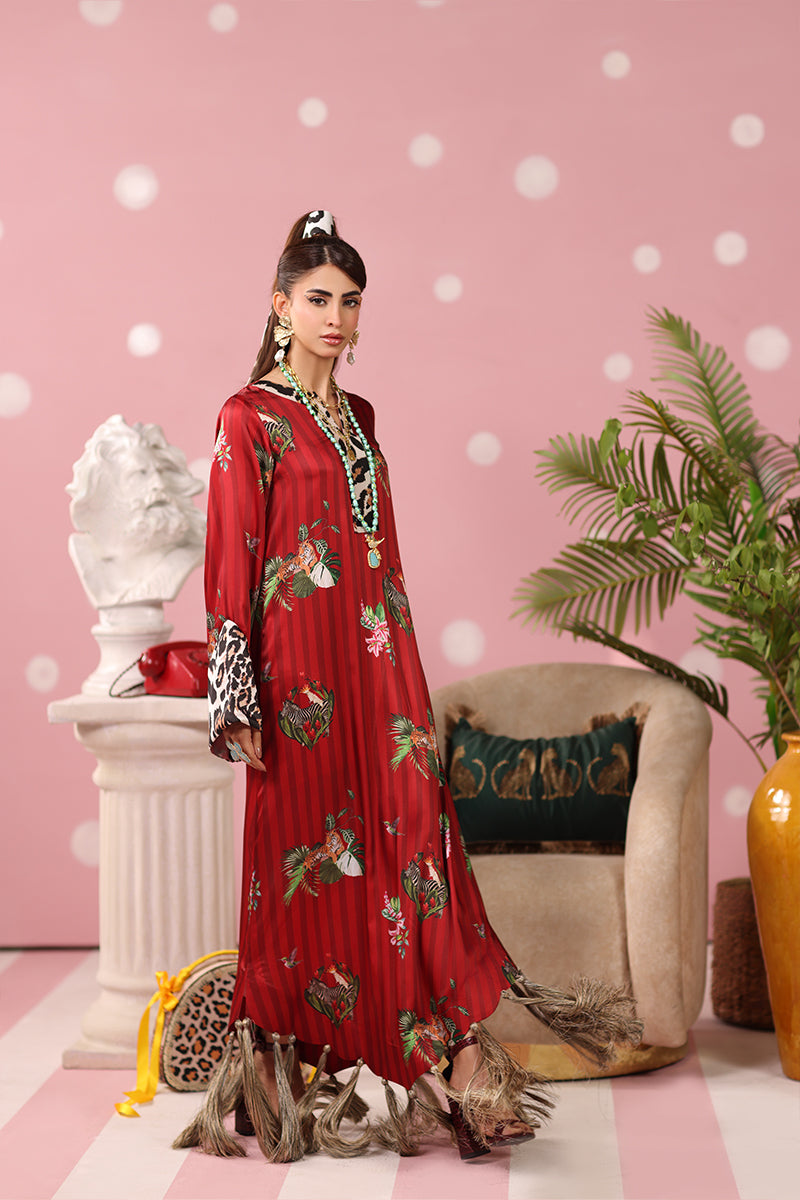 Musferah Saad - Ruby Safari Printed Silk Kaftaan For Women - 2 piece
