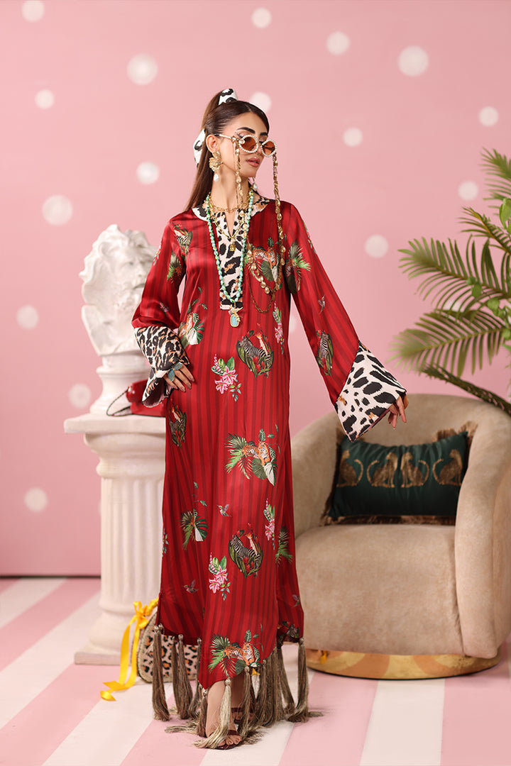 Musferah Saad - Ruby Safari Printed Silk Kaftaan For Women - 2 piece