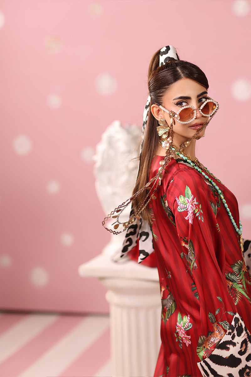 Musferah Saad - Ruby Safari Printed Silk Kaftaan For Women - 2 piece