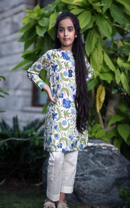 Oaks - White and Green Printed Cambric Girls Kurti - 1 Piece - Studio by TCS