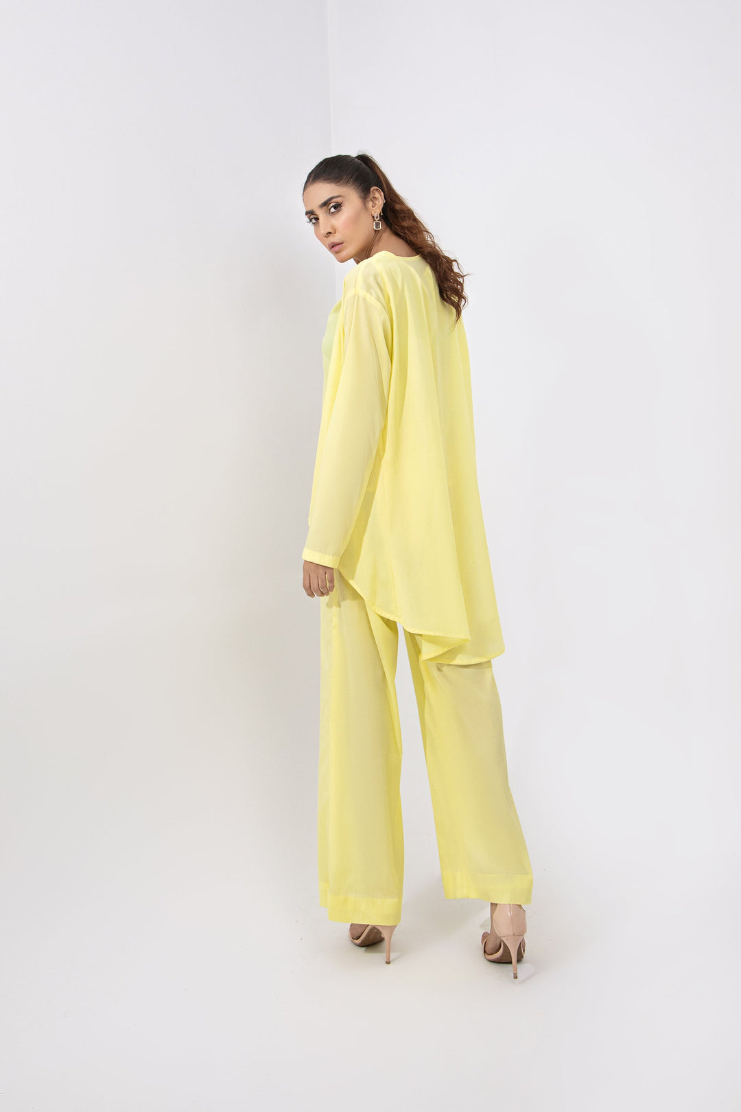 Syah - Casual Top With Cape And Trouser - Yellow - Crepe - 2 Piece
