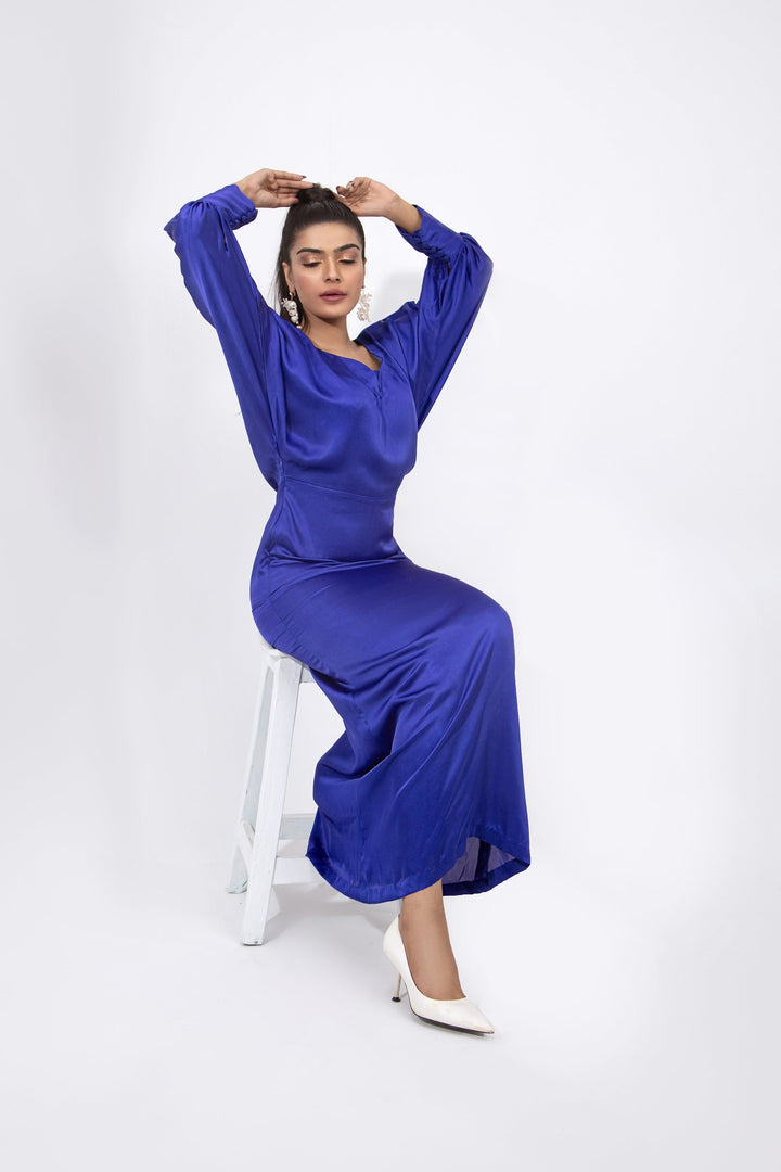 Syah - Batwing Sleeves Dress - Royal Blue - Silk - 1 Piece