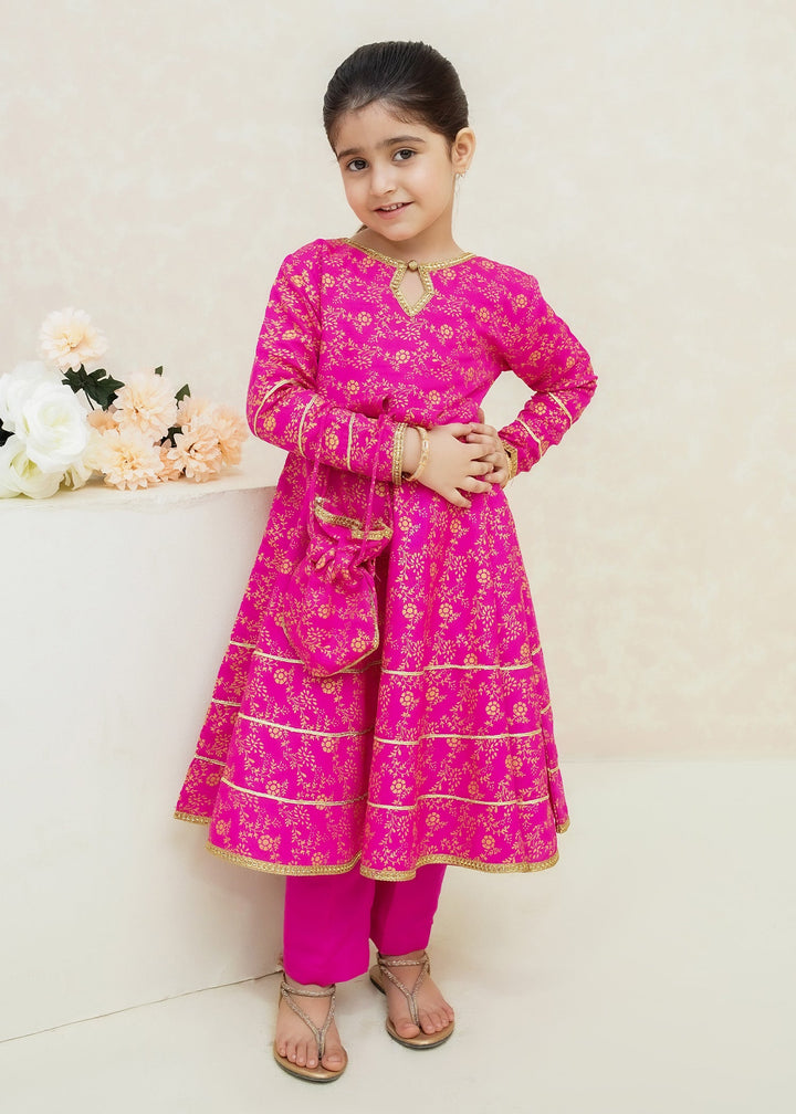 Modest - Rawsilk Printed Frock For Girl - Pink - 3 Piece