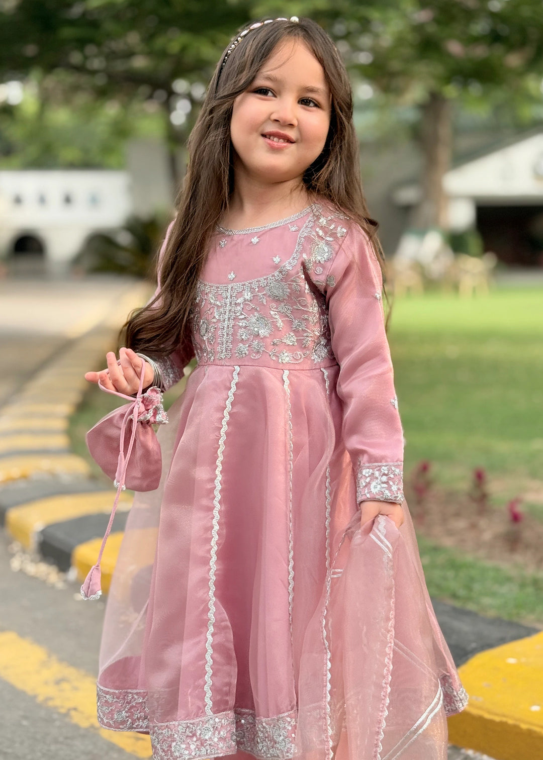 Modest - Tissue Embroidered Frock For Girl - Pink - 3 Piece